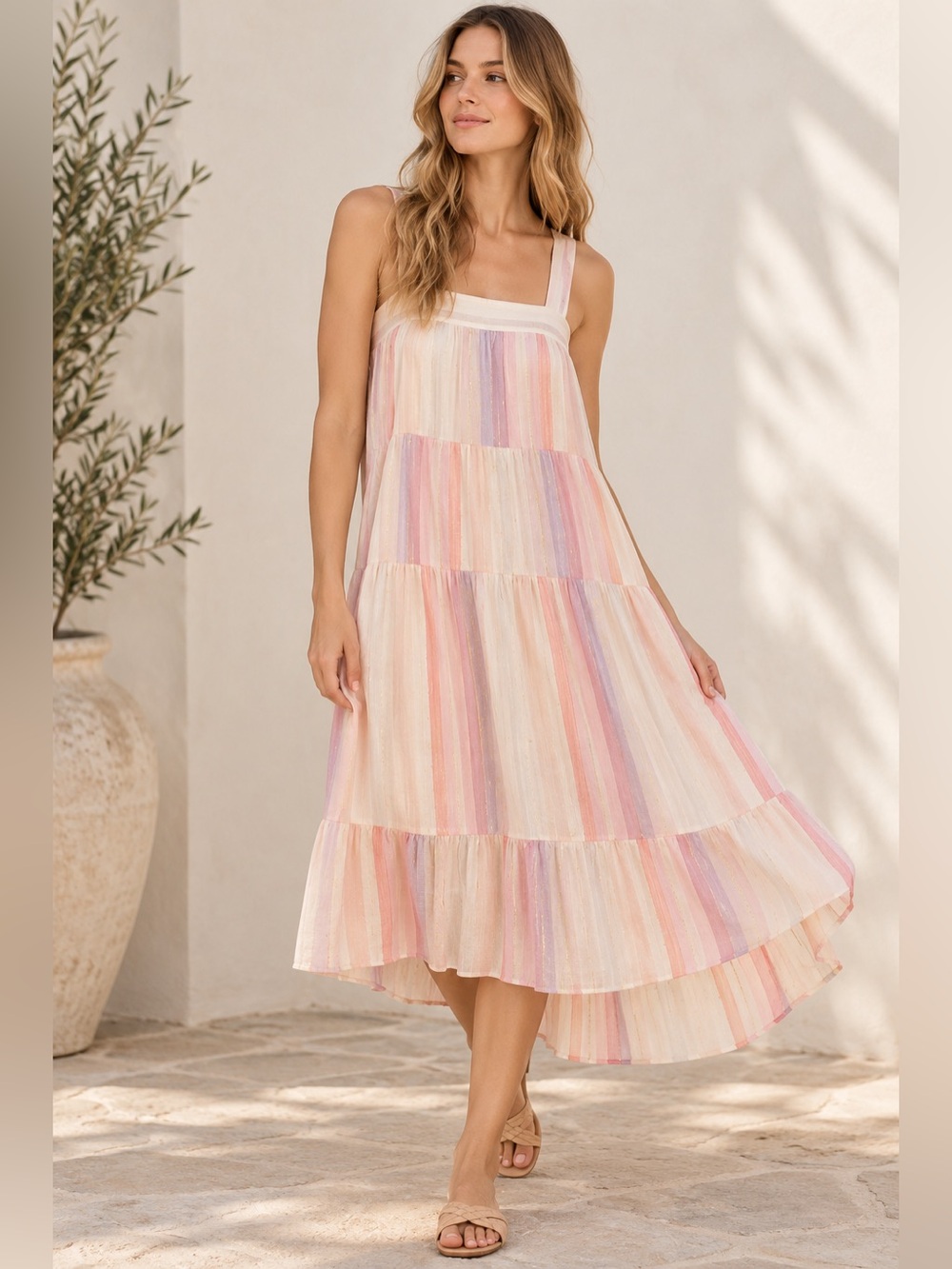 Rails Amaya Juliette Stripe Linen Blend Metallic Midi Dress Large